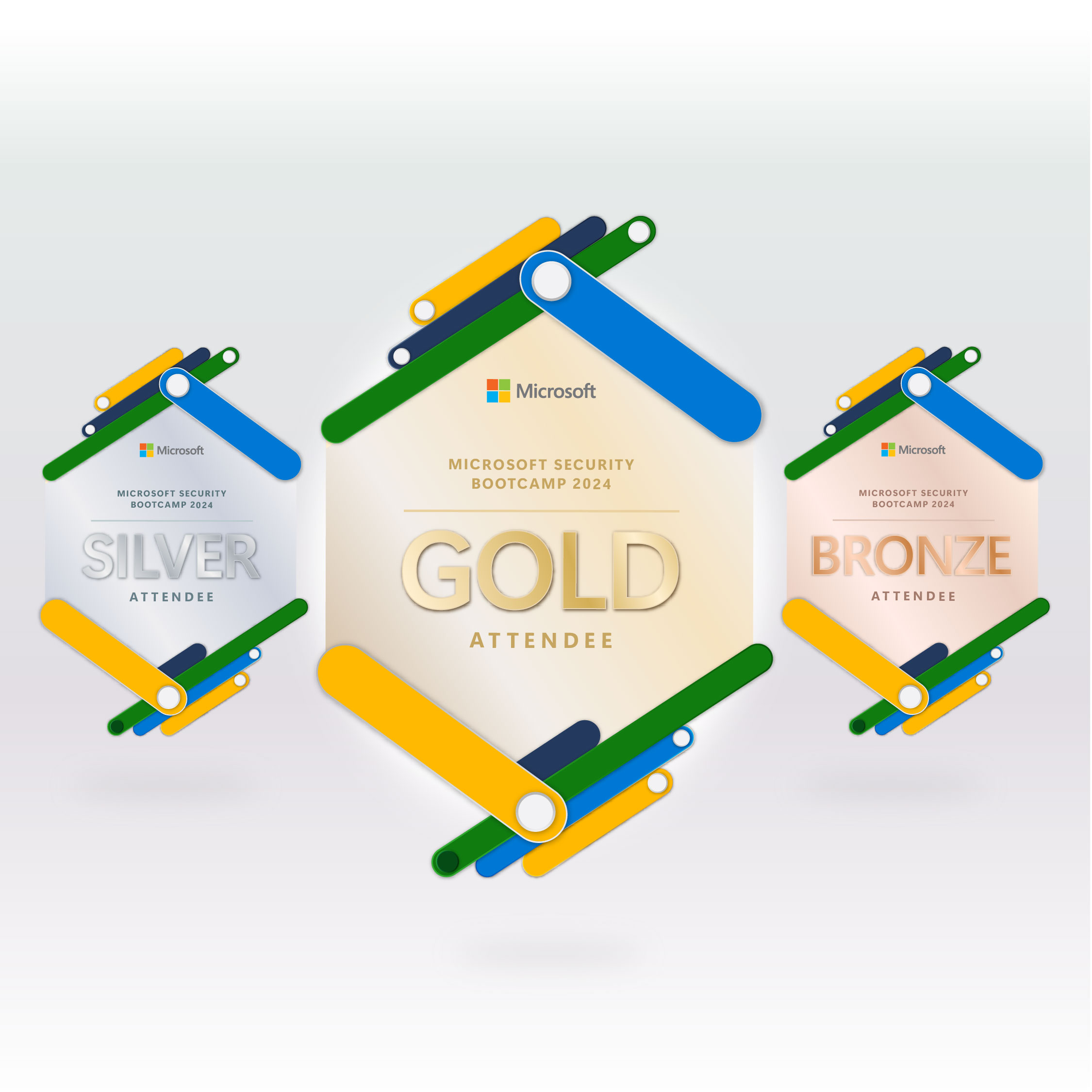3 circles with yellow, green and blue designs, and with Microsoft logo and Security Bootcamp badge details inside each circle